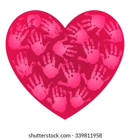 Heart shape formed with red handprints. Kids handprint art or crafts. Vector eps 10 illustration isolated on white background. Valentine Day card design element.
