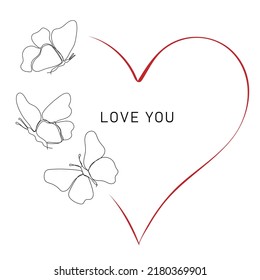 Heart shape frame design with butterfly. Valentines day and wedding concept. Vector illustration