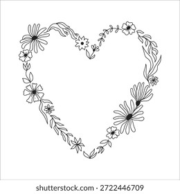 Moldura em forma de coração. Rabiscos de flores e ervas. Ilustração de vetor monocromática desenhada à mão para cartão de saudação e convite.