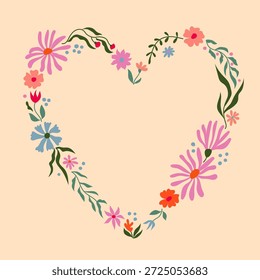 Forma de corazón marco flores y hojas. Decoración botánica para el día de San Valentín o tarjeta de agradecimiento. Linda ilustración plana floral.