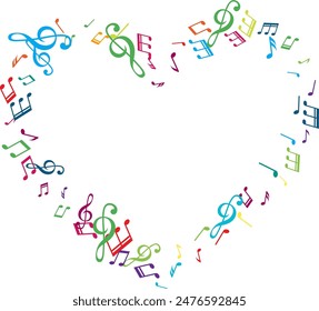 Heart shape frame from flying music notes. Vector decoration element in rainbow colors.