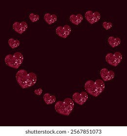 Heart shape frame formed by an arrangement of red glittery hearts. Romantic composition ideal for Valentine's Day designs. Elegant and celebratory aesthetic. Captivating design element 