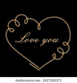 Heart shape frame from golden chain on the dark background. Invitation or Valentines Day greeting card template
