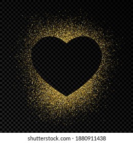 Heart shape frame with golden glitter on dark transparent  background. Greeting card with empty dark background. Vector illustration.