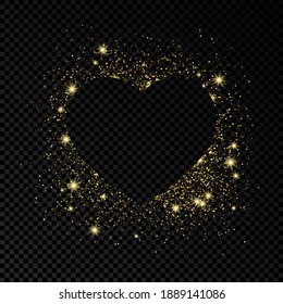 Marco de forma cardíaca con brillo dorado sobre fondo transparente oscuro. Tarjeta de felicitación con fondo oscuro vacío. Ilustración vectorial.