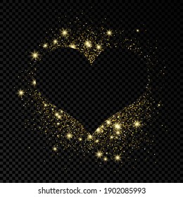 Heart shape frame with golden glitter on dark transparent  background. Greeting card with empty dark background. Vector illustration.