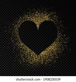 Heart shape frame with golden glitter on dark transparent  background. Greeting card with empty dark background. Vector illustration.