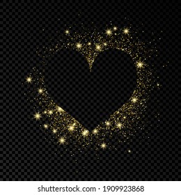 Heart shape frame with golden glitter on dark transparent  background. Greeting card with empty dark background. Vector illustration.