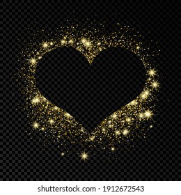 Heart shape frame with golden glitter on dark transparent  background. Greeting card with empty dark background. Vector illustration.