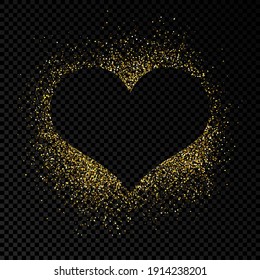 Heart shape frame with golden glitter on dark transparent  background. Greeting card with empty dark background. Vector illustration.