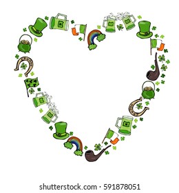 Heart Shape Frame of Irish Symbols. Leprechauns Hat, Horseshoe, Pot of gold, Flag, Beer Mug, Rainbow, Clover