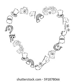 Heart Shape Frame of Irish Symbols. Leprechauns Hat, Horseshoe, Pot of gold, Flag, Beer Mug, Rainbow, Clover. Outline.