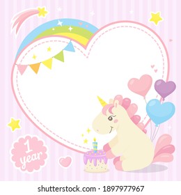 Heart shape frame with little unicorn, rainbow, cake, baloons. Cartoon character for children's invitation card, postcard, print. Space for text or photo. Cute template in pastel colors. Vector