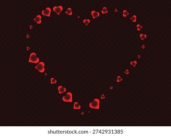 Heart shape frame love vector illustration featuring red glowing romantic valentine hearts arranged in large heart outline. Isolated on transparent background with 3D glossy effect suitable for wedding invitation, anniversary greeting, couple celebration, romantic banner, social media post and decorative graphic design projects.