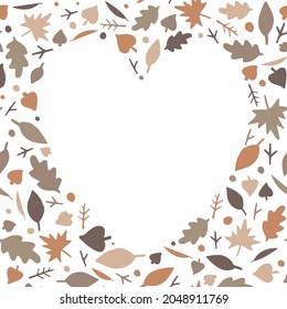 Heart shape frame from multi-colored autumn leaves a white background. Autumn fall concept, place for text, vector illustration