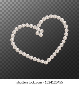 Heart shape frame painting isolated on transparent background. Pearl chains. Realistic white pearls. Beautiful natural heart shaped jewelry. Frame thread of pearls. Pearl necklace. Vector illustration