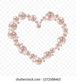 Heart shape frame painting isolated on transparent background. Pearl chains. Realistic white pearls. Beautiful natural heart shaped jewelry. Frame thread of pearls. Pearl necklace. Vector illustration