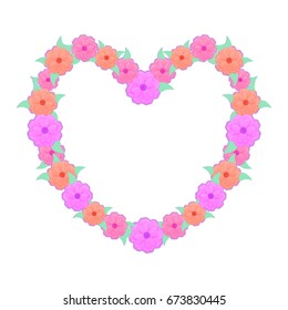 Heart shape frame with paper floral elements. Greeting card with place for text, menu and invitation border. Vector illustration.