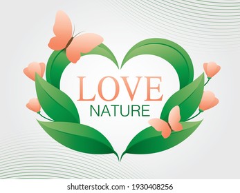 Heart shape frame vector that was made of leaves, flower and butterfly graphic elements for putting your text.