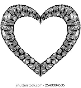 Heart shape frame with wavy pattern. Decorative ornament trendy design. Vector illustration in hand drawn sketch doodle style. Line art isolated on white for print