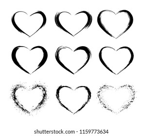 Heart shape frames collection. Makeup mascara brush stroke decorations. Hand drawn abstract design elements.