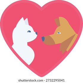  Eine Herzform umrahmt einen Hund und eine Katze, die einander ansehen und ihre Verbundenheit und Zuneigung zueinander darstellen.