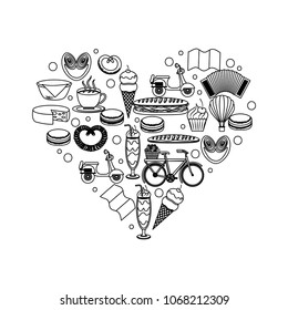 heart shape france food motorcycle pretzel bike ice cream flag cheese