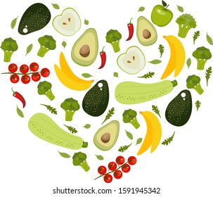 Heart Shape Of Fruit And Vegetables.  Broccoli, Zucchini, Avacado, Basil, Apple. Illustration For Backgrounds, Card, Posters, Banners, Textile Prints, Cover, Web Design. 