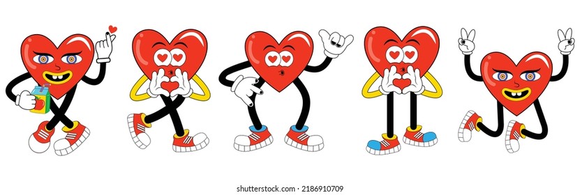 Heart shape funny cartoon characters in trendy retro style  Cartoon abstract groovy comic funny emoji characters  Cute comic doodle stickers  psychedelic sticker  hallucination weird shapes  