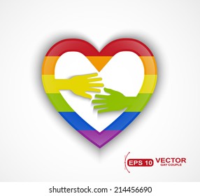Heart shape with gay flag and two hands icon concept.