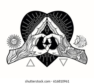 Heart shape gesture with a symbol of the fusion of fire and water. Hands are tattooed.Vector illustration isolated. 