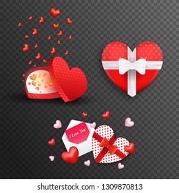 Heart shape gift boxes and greeting card on black png background for valentine's Day celebration concept.