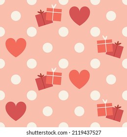 Heart shape and gift vector seamless patterns. Romantic pink and nude colors. Cover for Valentines day background design. Cute pretty feminine wallpaper