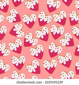 Heart shape ginger cookies with pink and white frosting and little hearts for St. Valentine's day seamless pattern