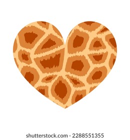 Heart shape with giraffe print texture. Abstract design element with wild animal spot skin pattern. Vector illustration cow textured heart for fashion print design, tag, Valentines card.