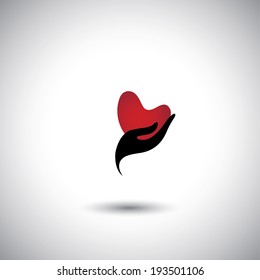 heart shape in a girls hand icon - concept vector of expressing love. The graphic also represents giving love, expression of passion, like, propose for marriage, solicit friendship, show interest