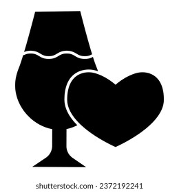 Heart shape and glass of wine solid icon. Romantic date place with wineglass and heart glyph style pictogram on white background. Winery signs for mobile concept and web design. Vector graphics