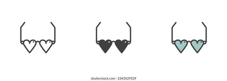 Heart shape glasses frame different style icon set. Line, glyph and filled outline colorful version, outline and filled vector sign. Symbol, logo illustration. Vector graphics