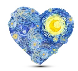 Heart Shape Of Glowing Yellow Moon On A Starry Sky Isolated On White Background. Vector Illustration In The Style Of Impressionist Paintings.