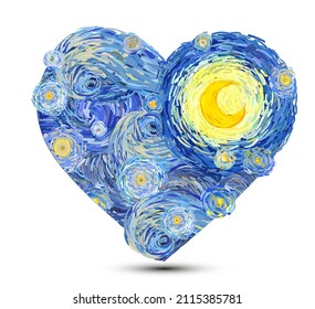 Heart shape of glowing yellow moon on a starry sky isolated on white background. Vector illustration in the style of impressionist paintings.