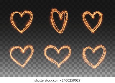 Heart shape golden fireworks light glow effect on transparent background for love romantic valentine day card, web site banner. Magic gold sparkles frames for text message