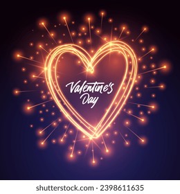 Das Herz prägt goldene Feuerwerksleuchten, glänzende Salzwirkung, explosionsmagische Funkeln. Valentine Romantik Grußkarte Neon Feuer Glitter Dekor-Element. Happy valentines Tagesposter