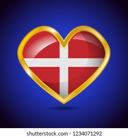Heart shape with golden frame and flag of Denmark on a royal blue background