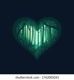 Heart shape of green jungle silhouette tropical rain forest.Nature concept background.
