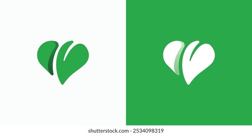 Forma de coração verde folha vetor logotipo design com estilo moderno, simples, limpo e abstrato. Ícone para negócios, meio ambiente, marca ecológica e pessoal.