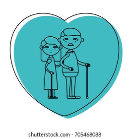 heart shape greeting card with caricature full body elderly couple embraced grandfather with moustache in walking stick and grandmother with straight hair in blue watercolor silhouette vector