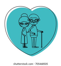heart shape greeting card with caricature full body elderly couple embraced bearded grandfather in walking stick and grandmother with curly bun hair in blue watercolor silhouette vector illustration