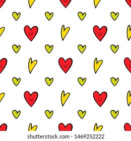 Heart shape hand drawn doodle style colorful seamless pattern. Vector illustration for wrapping, wallpaper or textile design.