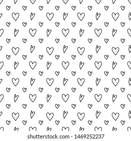 Heart shape hand drawn doodle style black and white seamless pattern. Vector illustration for wrapping, wallpaper or textile design.