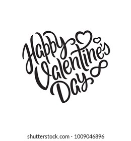 Heart shape hand drawn Happy Valentines Day lettering. Cute heart decoration for poster / banner / post card. Script style font in heart shape for valentines gift. Love themed vector illustration